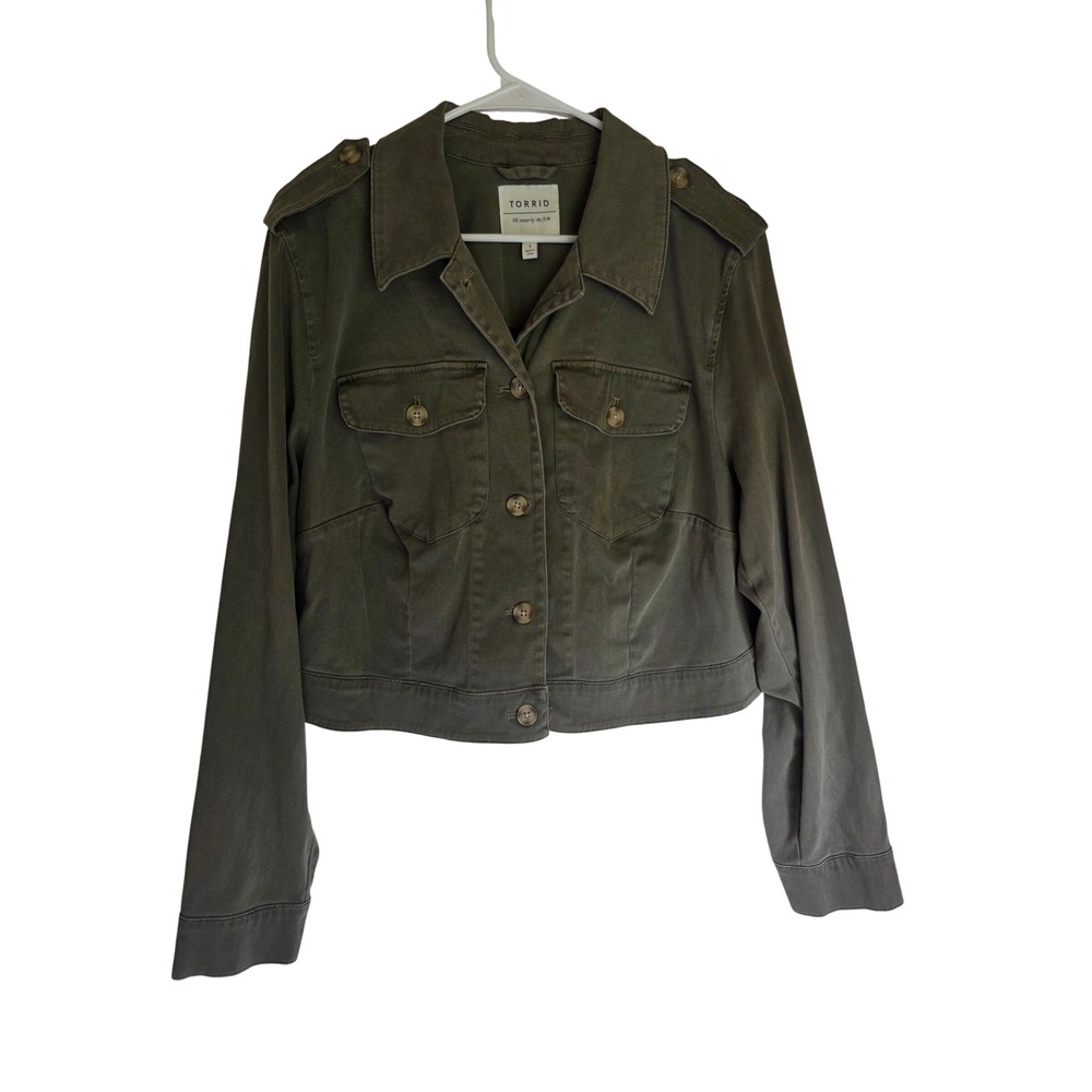 Torrid Womens Olive Green Military Cropped Utility Jacket Size 1X Cotton Blend